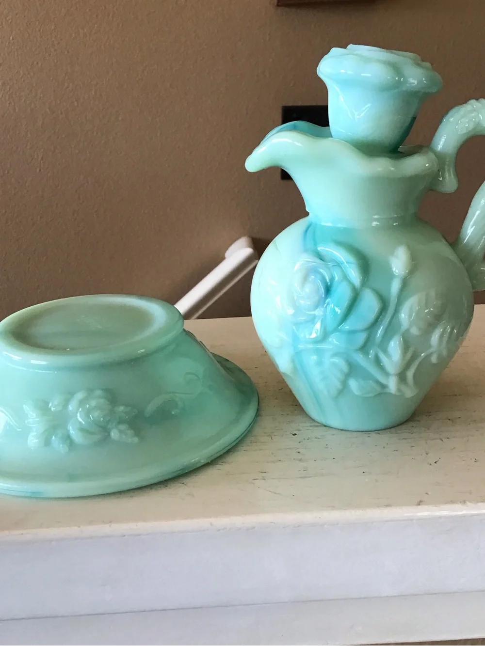 Vintage Avon Green Milk Glass Pitcher Dish Decor